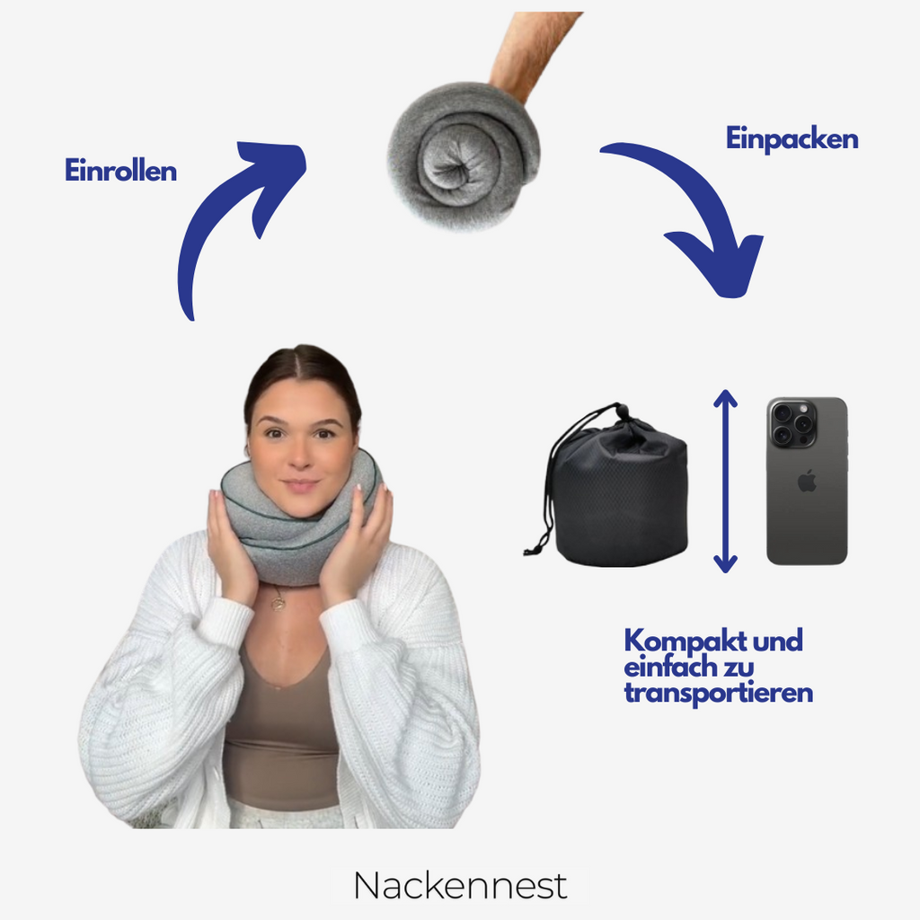 So einfach: Nackennest einrollen, einpacken — kompakt und leicht zu transportieren